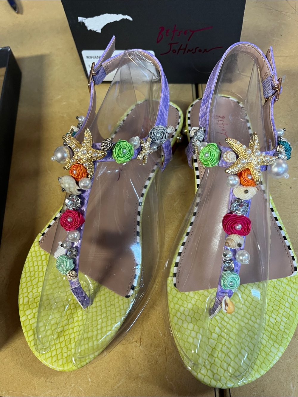 Betsey Johnson Purple and Lime Floral Pearl Starfish T-Strap Sandals